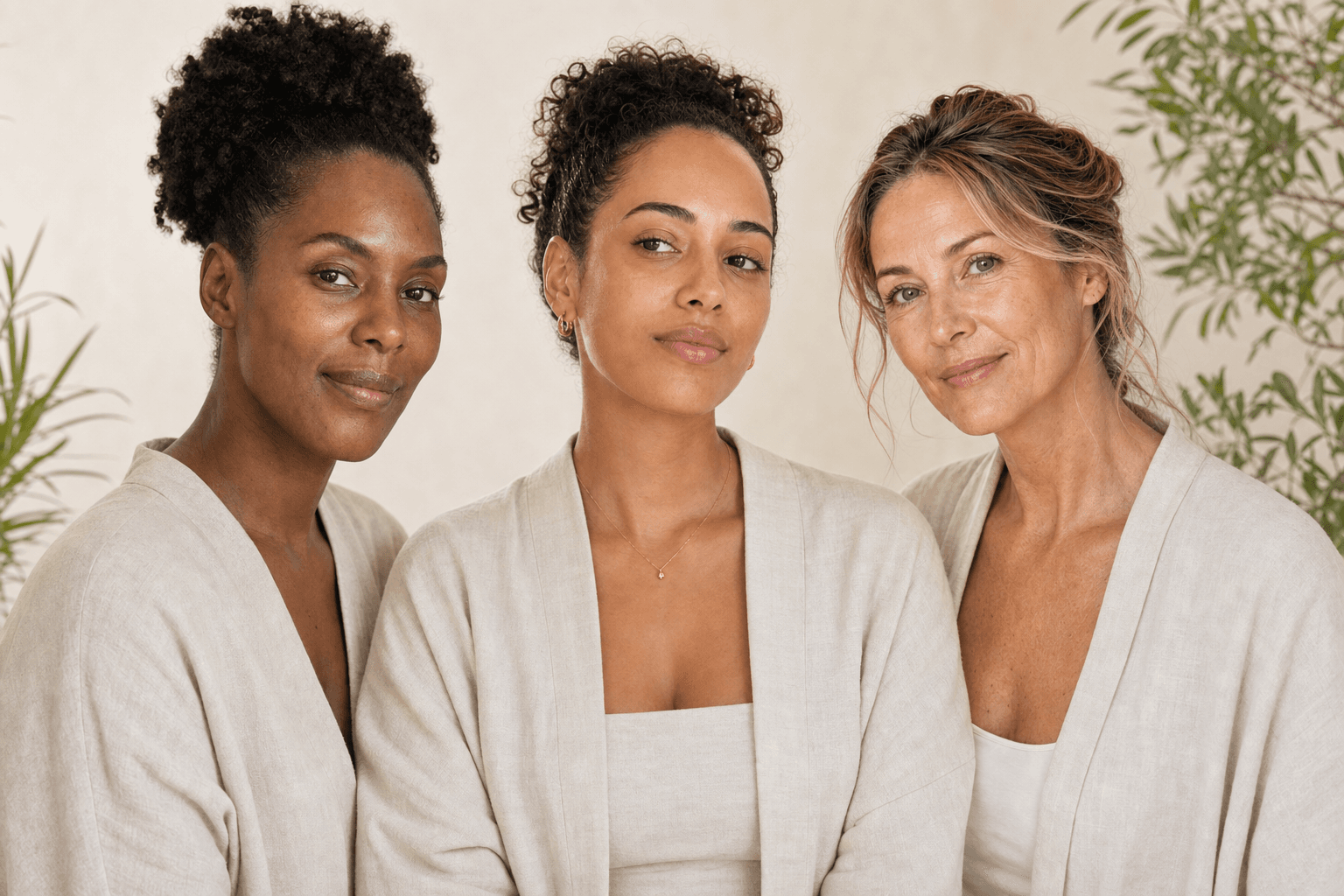 Three women with different skin tones in an elegant Se Soucier skincare campaign.